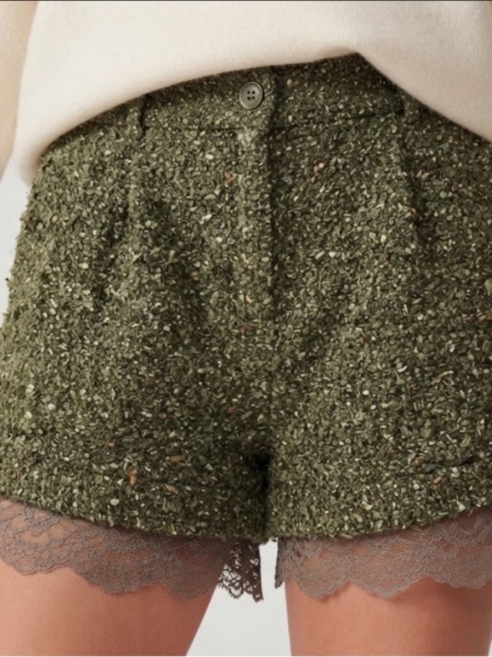Cottagecore Olive Green Tweed Lace-Hem Women's Shorts Ces Axe Medium